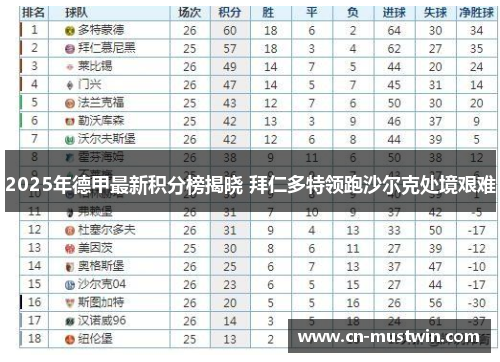 2025年德甲最新积分榜揭晓 拜仁多特领跑沙尔克处境艰难
